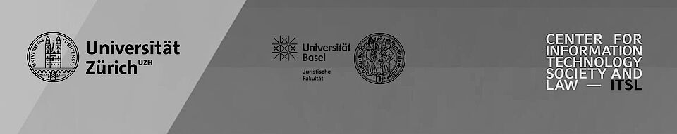 Banner graphic of the event "Legal Framework for AI" with the logos of the three organizers (University of Zurich and Basel and the Center for Information, Technology, Society and Law) against a light and dark gray background.