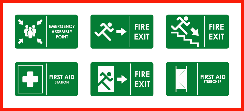 6 weisse Notfallsymbole auf grünem Hintergrund, die Notausgänge, Fluchtwege und Erste-Hilfe-Zubehör darstellen.