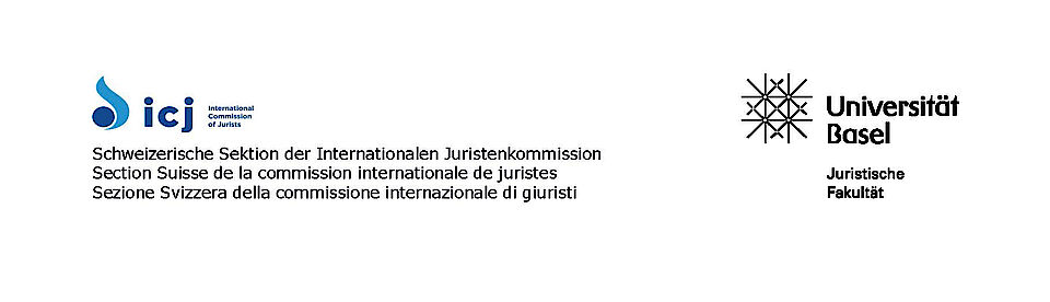 Banner mit dem Schriftzug der Schweizerischen Sektion der Internationalen Juristenkommission (ICJ-CH) und der Juristischen Fakultät der Universtität Basel in dunkler Schrift vor weissem Hintergrund.
