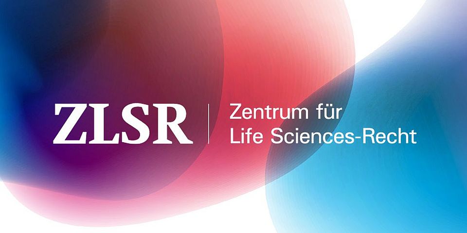 Lettering ZLSR (Center for Life Sciences Law) in white lettering against a blue, red and white background.