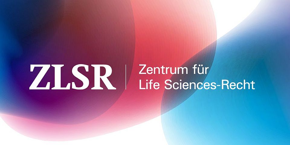 Lettering ZLSR (Center for Life Sciences Law) in white lettering against a blue, red and white background.