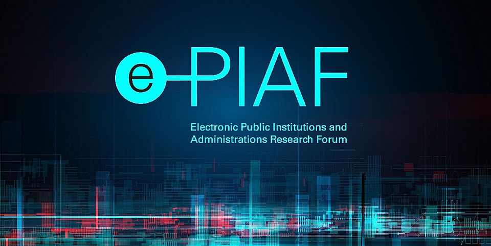 Logo of the research focus e-PIAF with lettering of the same name and the signature "Electronic Public Institutions and Administrations Research Forum" in mint color against a dark blue background, which also shows a stylized urban skyline in red, mint and blue at the bottom of the picture.