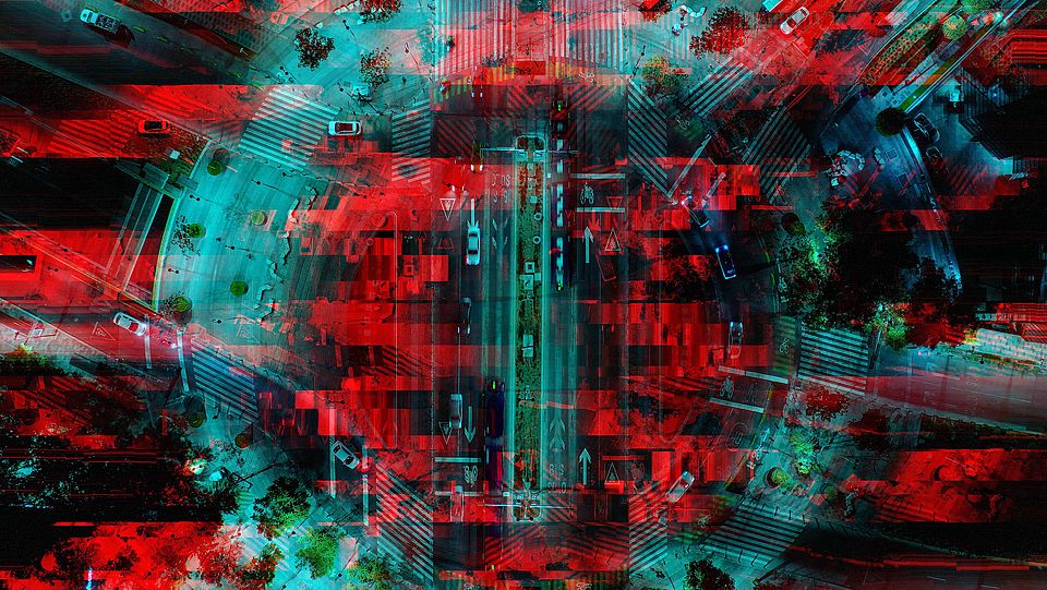 Image with bird's-eye view of a street with cars and technical patterns in turquoise-red optics laid over it.