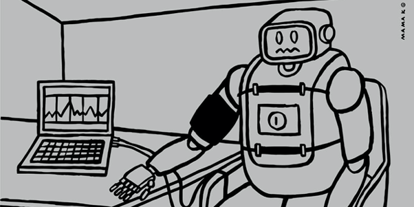 Zeichnung eines Roboters an einem Lügendetektor.