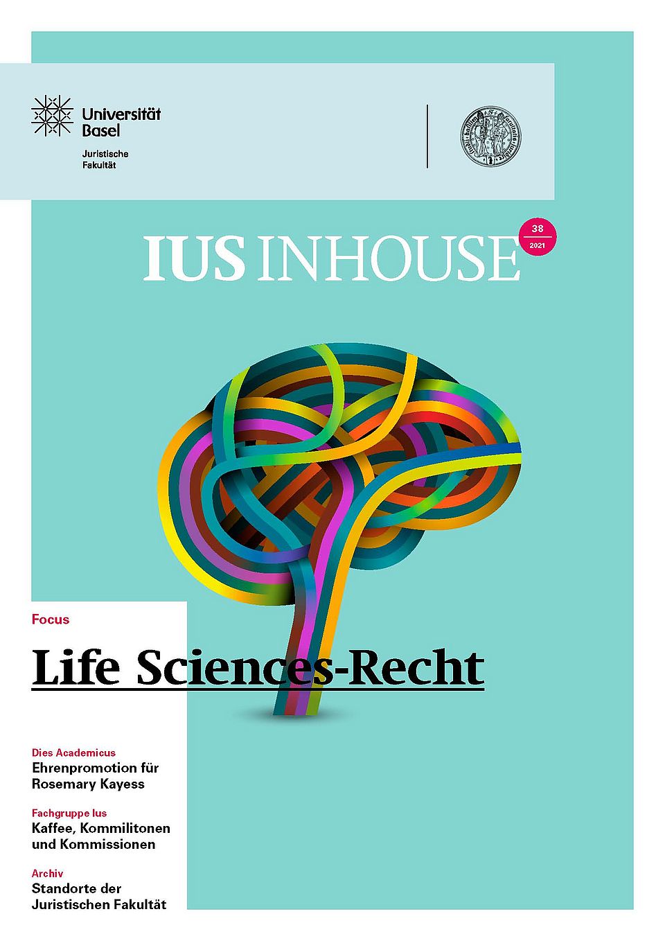 Titelseite des Magazins ius inhouse (Nummer 38), das die Vernetzungen im Gehirn zeigt und damit symbolisch für das Life Science-Recht steht. 