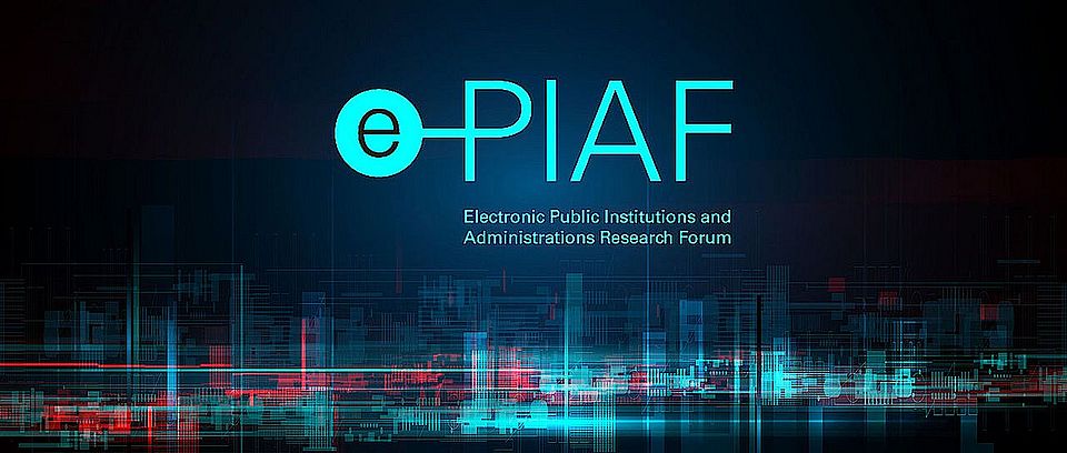 Logo of the research focus e-PIAF with the same name and the signature "Electronic Public Institutions and Administrations Research Forum" in mint color on a dark blue background, which also shows a stylized urban skyline in red, mint and blue at the bottom of the image.