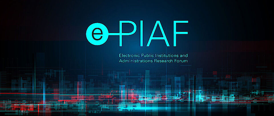 Logo of the research focus e-PIAF with the same name and the signature "Electronic Public Institutions and Administrations Research Forum" in mint color on a dark blue background, which also shows a stylized urban skyline in red, mint and blue at the bottom of the image.