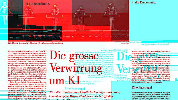 Front page of the NZZ article covered with a glitch effect in red and turquoise color patterns. 