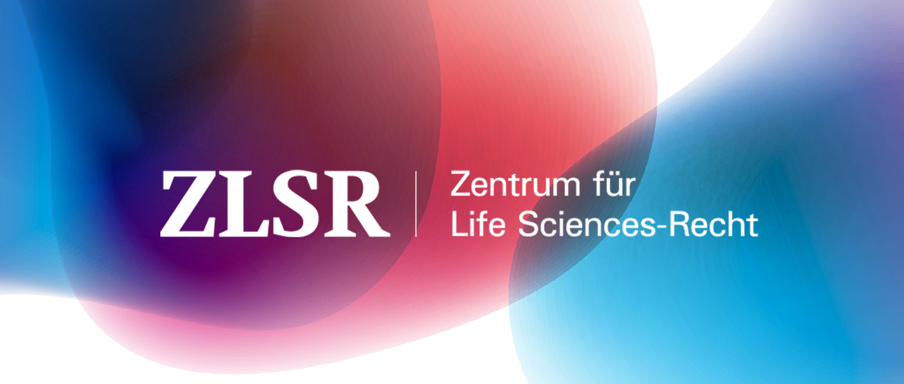 Schriftzug ZLSR (Zentrum für Life Sciences-Recht) in weisser Schrift vor blau-rot-weissem Hintergrund.