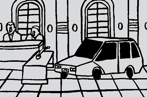 Black and gray illustration showing a car in a court case.