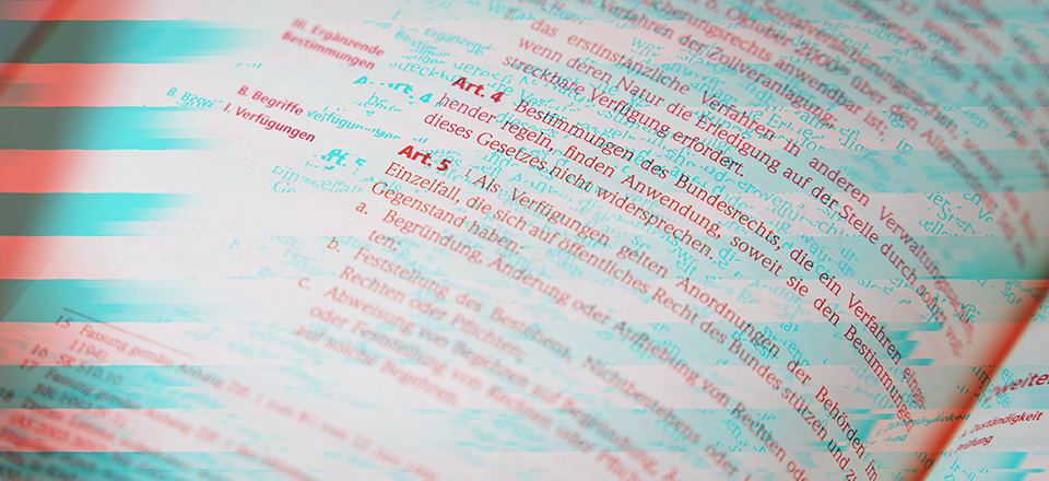 Symbol image for the area Comprehensible Algorithms in the form of an open book with law articles in red-blue color optics.