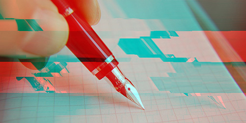 Symbolbild für den Bereich Unterschrift und Digitalisierung mit einer Hand, die mit einem Füllfederhalter auf einem Stück Papier unterschreibt, gehalten in den Farben Rot und Mint.