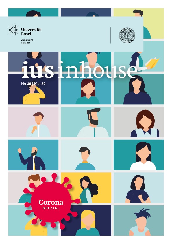 Titelseite des Magazins Ius Inhouse (Nummer 36) mit Comic-Figuren, die den Umgang verschiedener Menschen mit der Corona-Krise symbolisieren.
