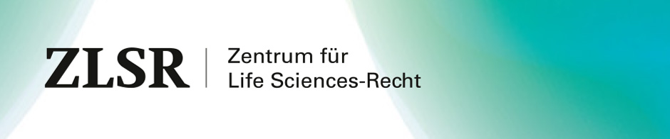 Abkürzung ZLSR in Grossbuchstaben und Schriftzug "Zentrum für Life Sciences-Recht" in schwarzer Schrift vor weissem Hintergrund, der mit grünblauen Elementen durchsetzt ist.